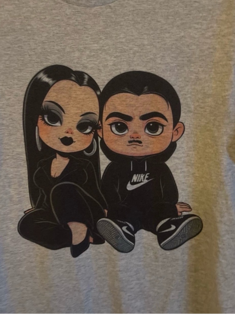 Gildan Graphic Tee with Cartoon Adams family Couple - Gray/Black